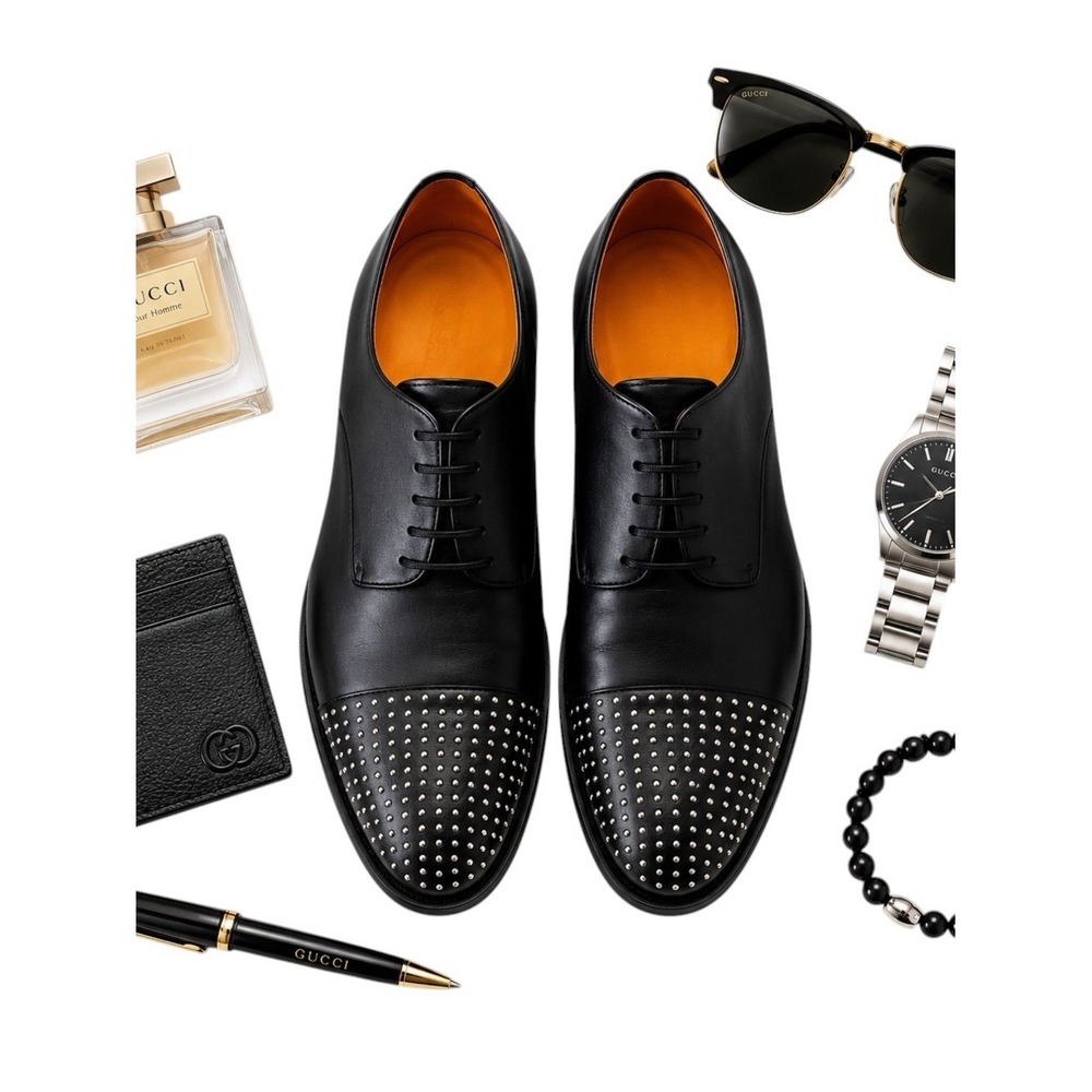 Gucci Black Leather Studded Cap Toe Oxford Shoes Authentic COA EU37 Italy in EUC